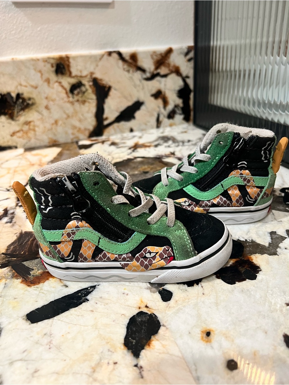 Vans Kids High-Top Sneakers in Black, Green & Tan with Patterned Snake Print
